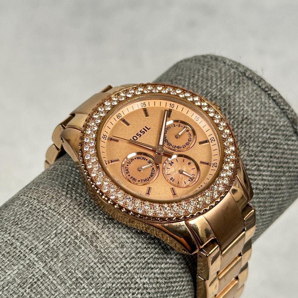 Fossil Watch Womens 38mm Stella Day Date Pave Bezel Rose Gold Tone New Battery